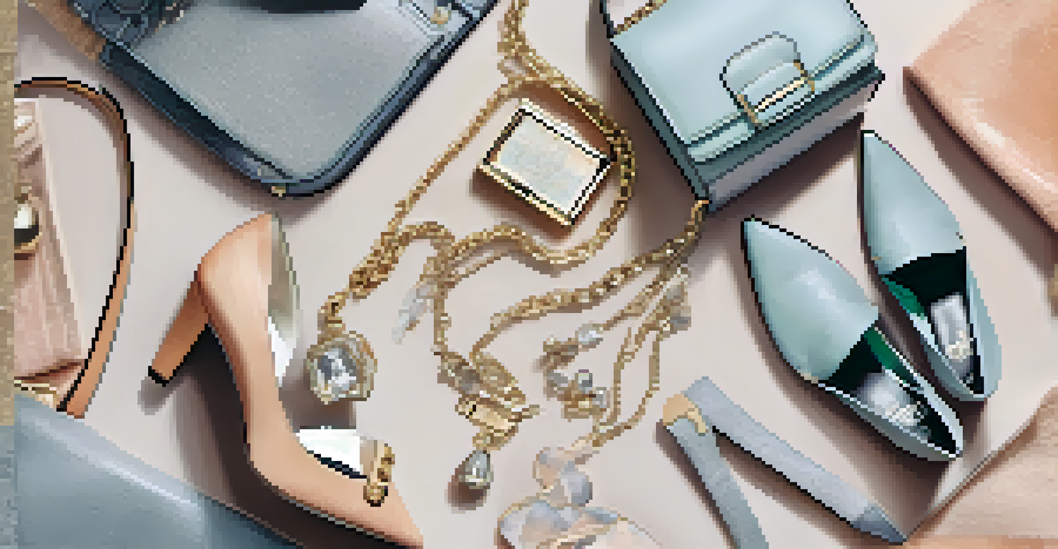 A stylish flat lay of luxury fashion items including a designer handbag and shoes on a marble surface, beautifully lit to highlight textures.