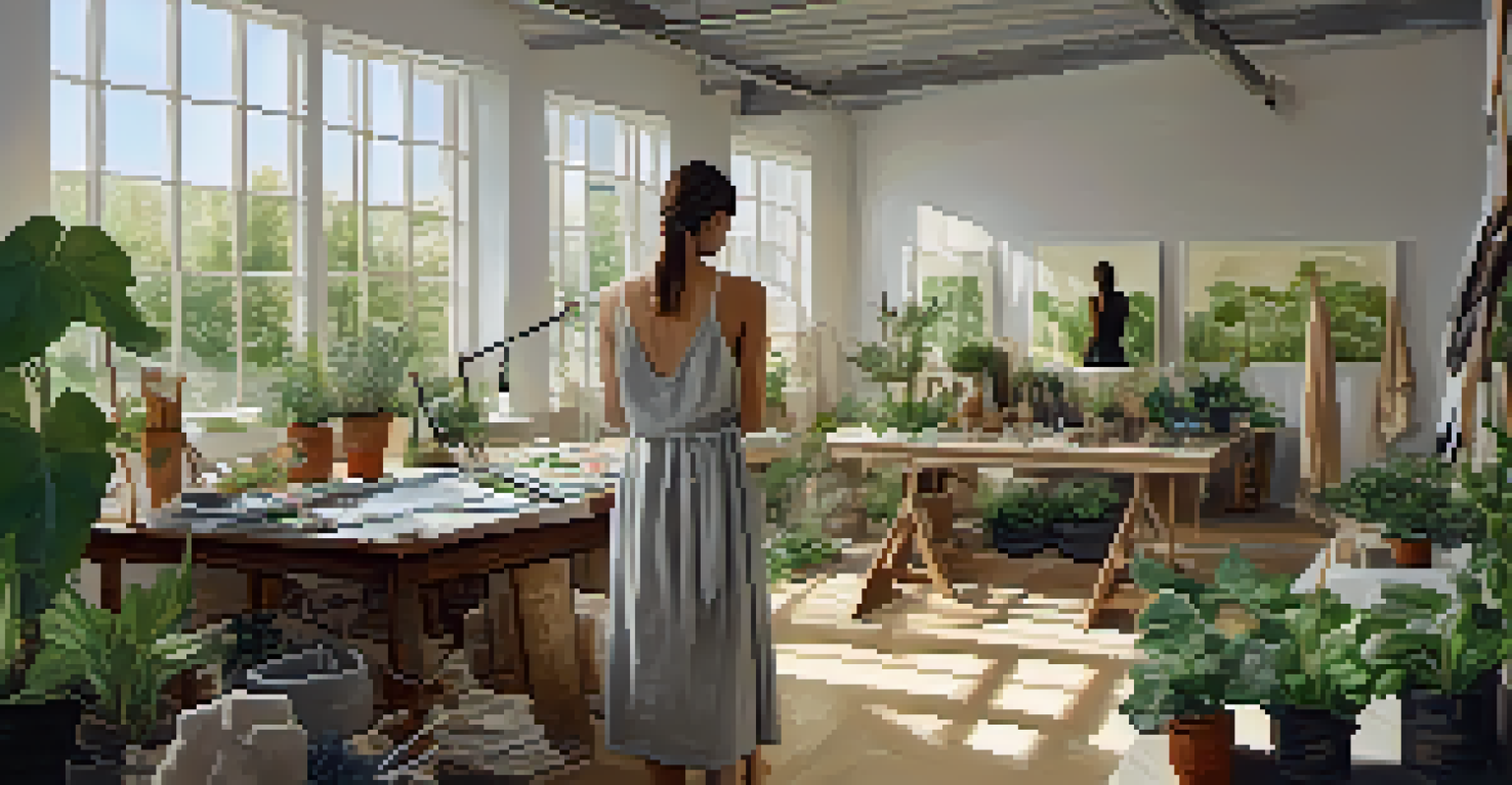 A designer's studio showcasing eco-friendly materials and sketches of sustainable fashion, filled with natural light and plants.