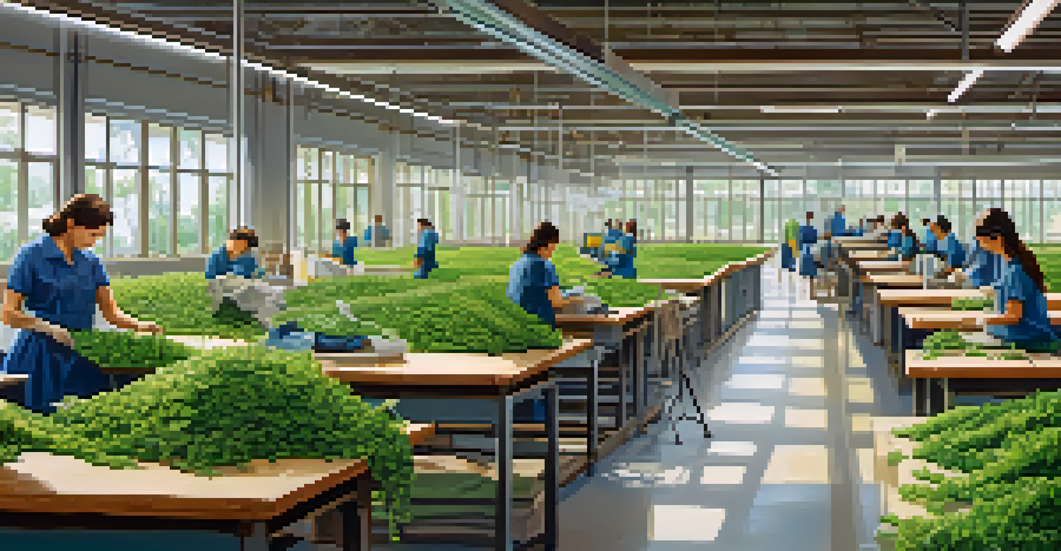 Workers in an eco-friendly production facility sewing sustainable clothing, surrounded by natural light and plants.