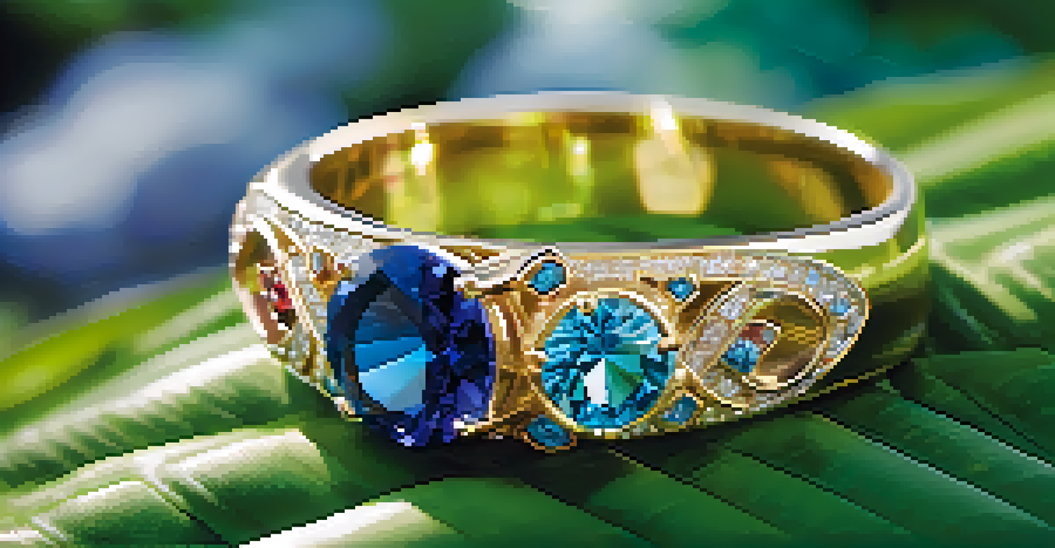 A close-up of jewelry made from ethically sourced gemstones, resting on green leaves, glimmering in the sunlight.