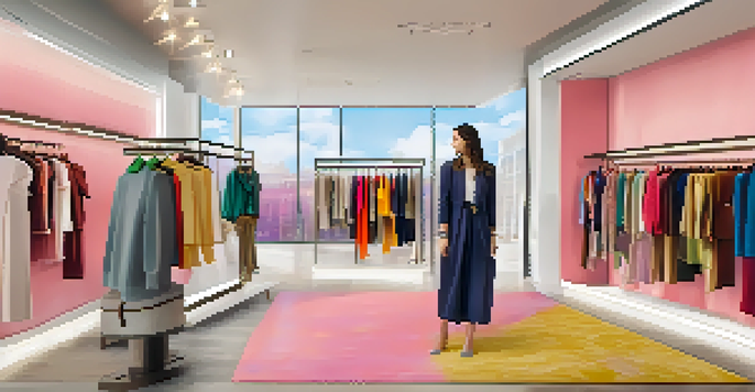 A colorful boutique showcasing personalized fashion items with customers interacting with virtual fitting rooms.