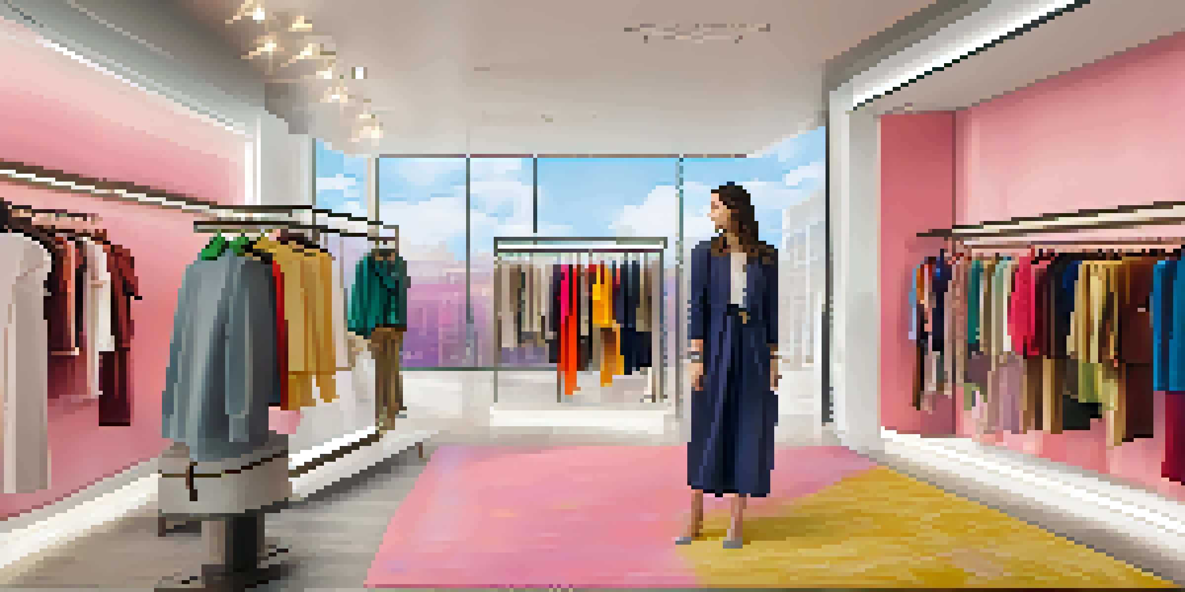 A colorful boutique showcasing personalized fashion items with customers interacting with virtual fitting rooms.