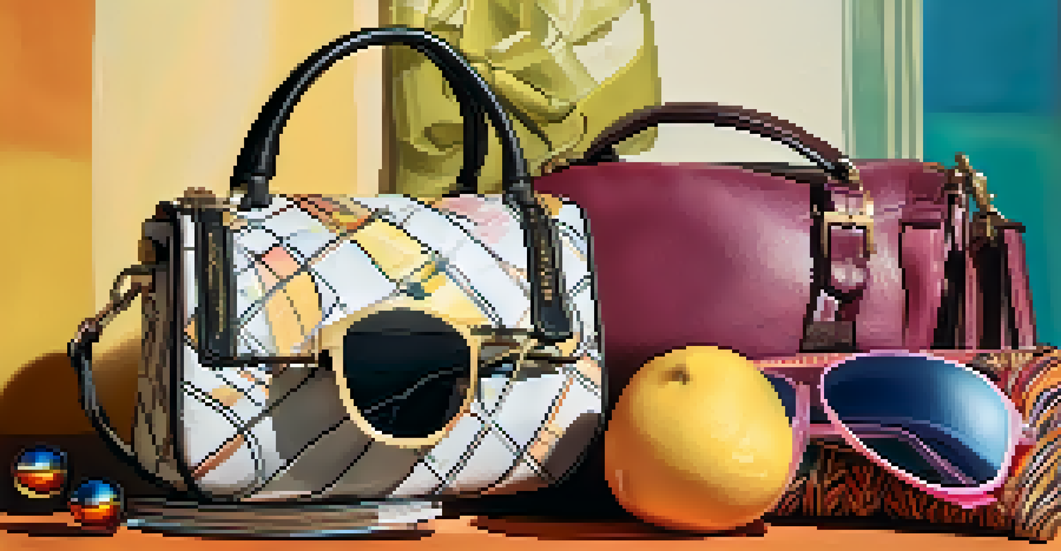 Travel accessories including sunglasses, a scarf, and a necklace arranged on a crossbody bag with warm lighting.
