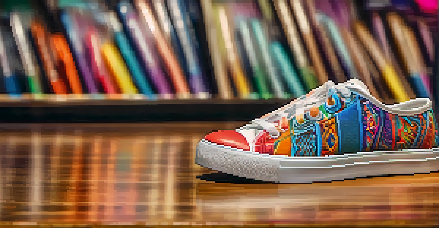 A close-up of customizable sneakers with vibrant colors and patterns, displayed on a wooden surface with natural lighting, while blurred individuals try on outfits in the background.
