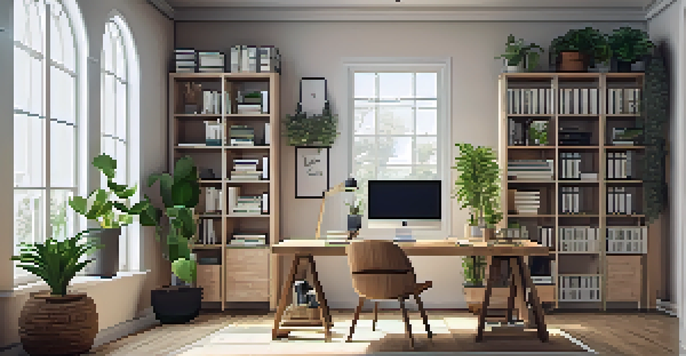 A cozy and stylish modern home office with a desk, laptop, and indoor plants, illuminated by natural light.