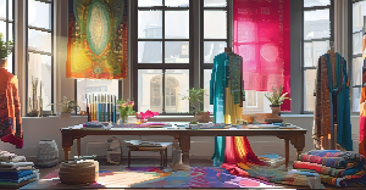 A fashion designer's studio with sketches and colorful fabric swatches inspired by various cultures, illuminated by natural light.