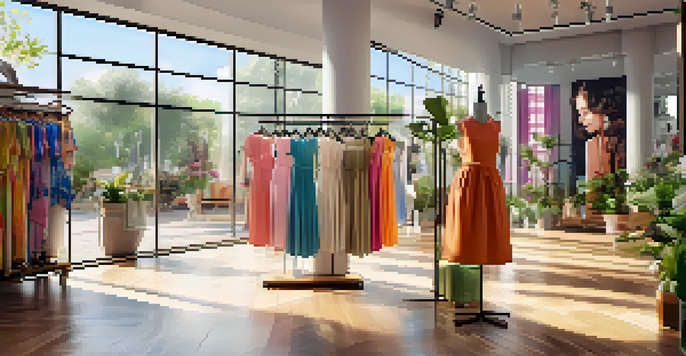 Interior of a modern fashion boutique with colorful summer dresses, a virtual try-on screen, and sunlight streaming through windows.