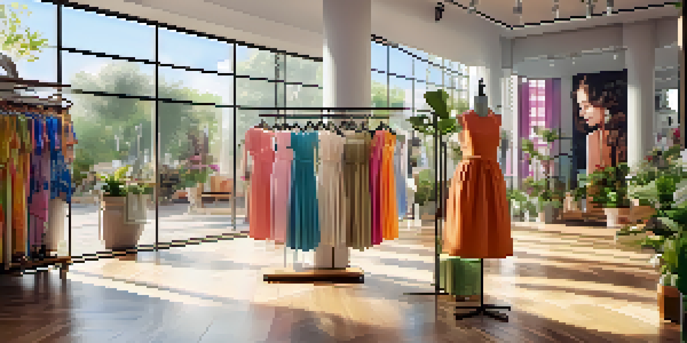 Interior of a modern fashion boutique with colorful summer dresses, a virtual try-on screen, and sunlight streaming through windows.