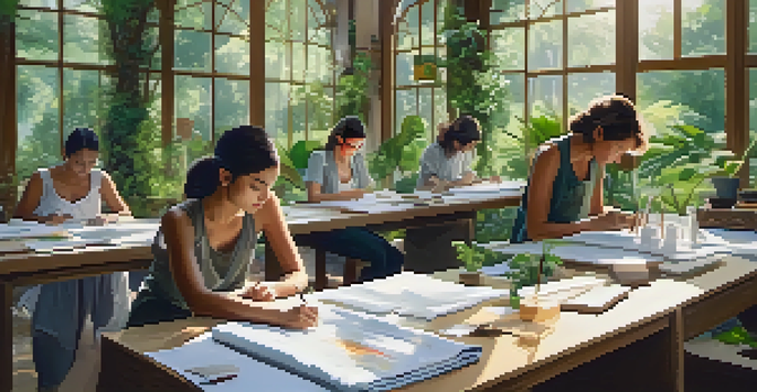 A sustainable fashion workshop in a green landscape with a designer sketching and workers crafting garments.