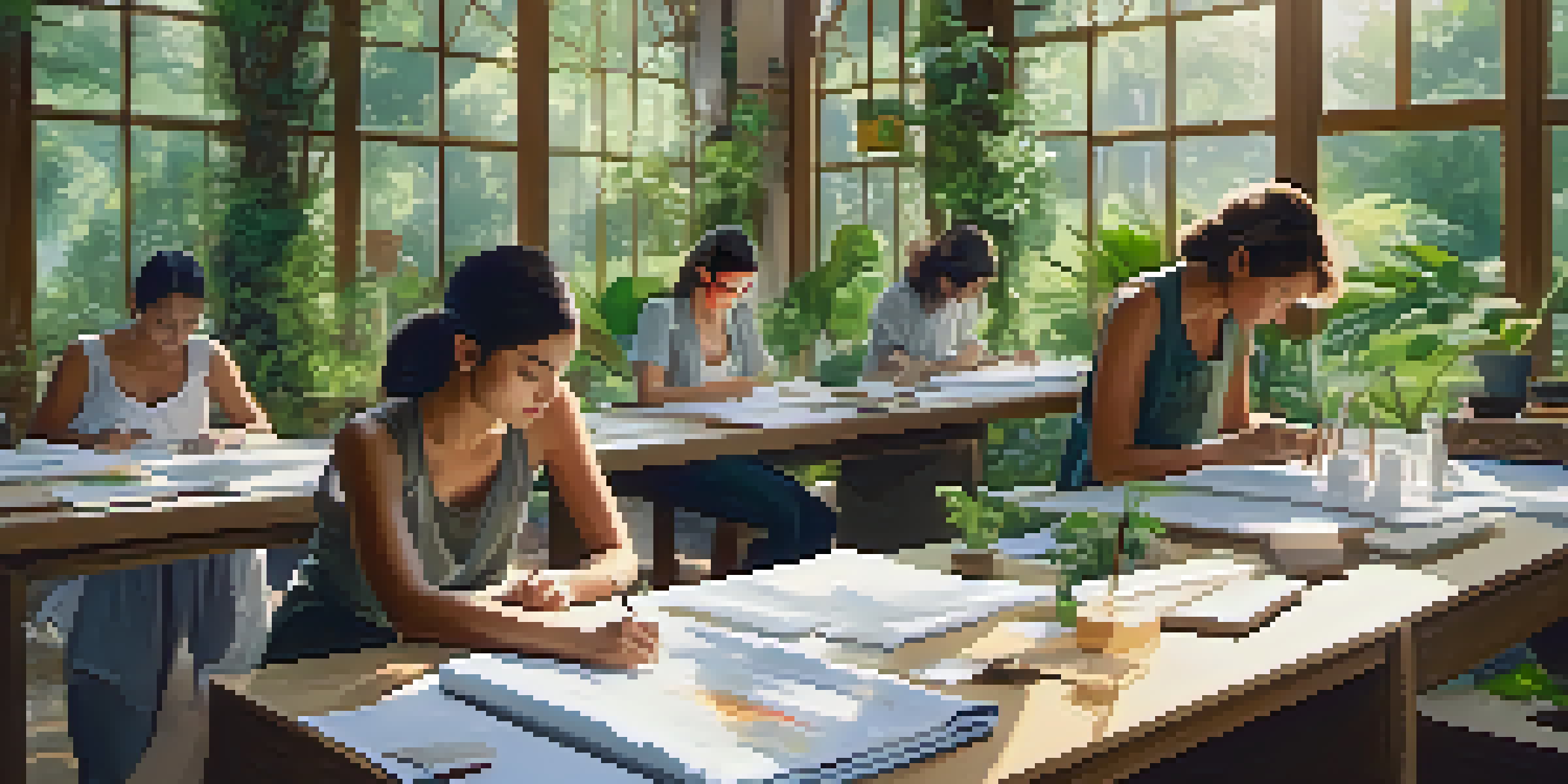 A sustainable fashion workshop in a green landscape with a designer sketching and workers crafting garments.