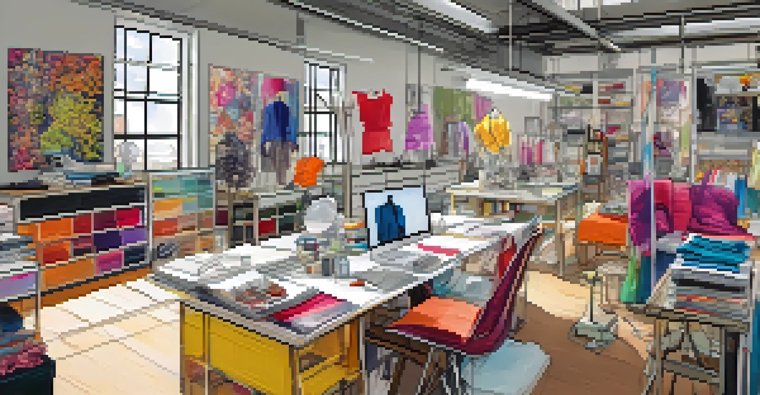 A designer's workspace filled with colorful fabrics and sketches reflecting 2000s tech-inspired fashion trends.