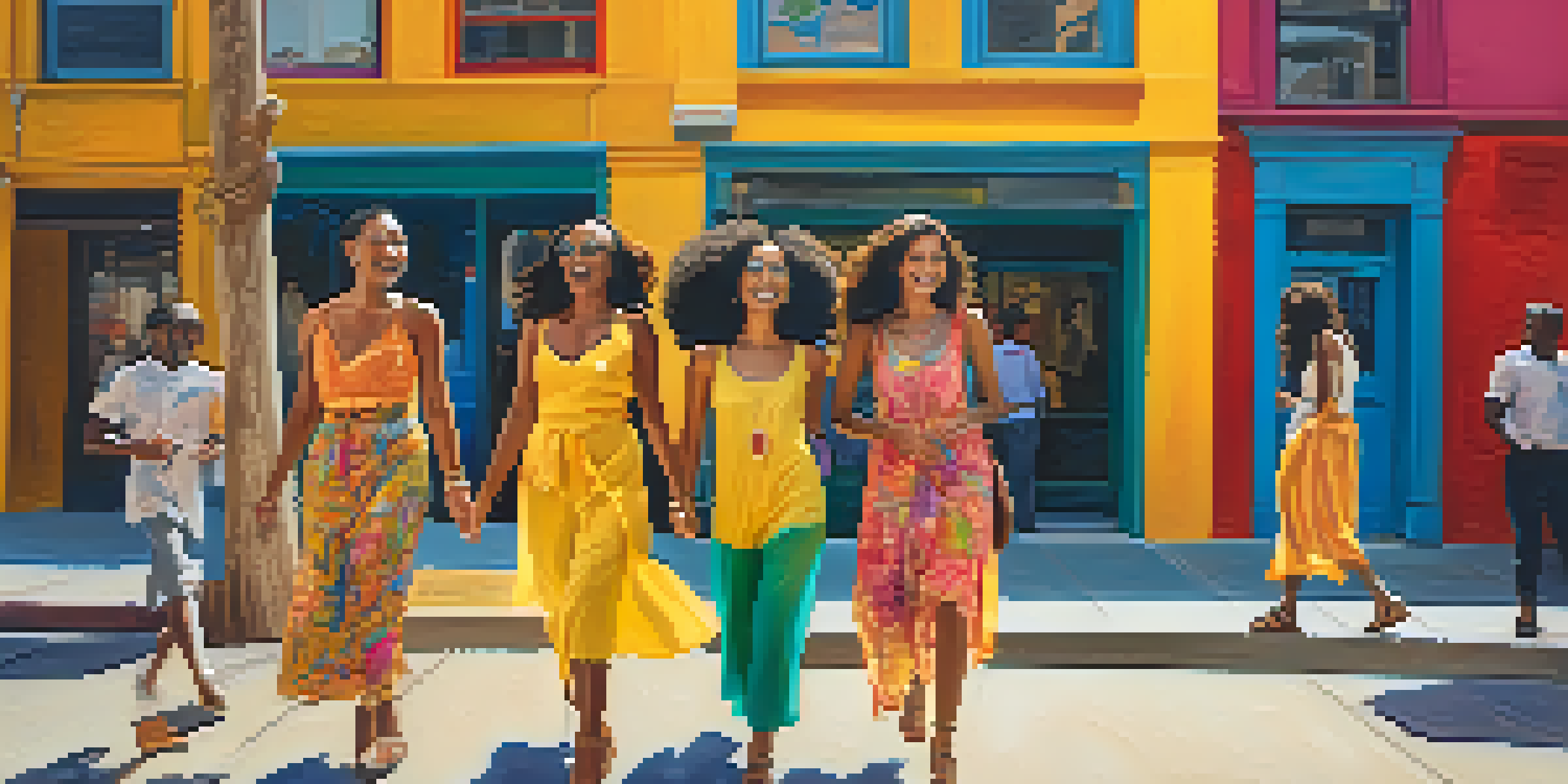 A lively street scene with a woman in a bright yellow dress smiling, surrounded by colorful murals and people in various colorful outfits, illuminated by warm golden hour light.