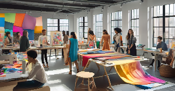A lively workshop with diverse fashion designers collaborating, surrounded by colorful fabrics and sketchpads, in a well-lit room.