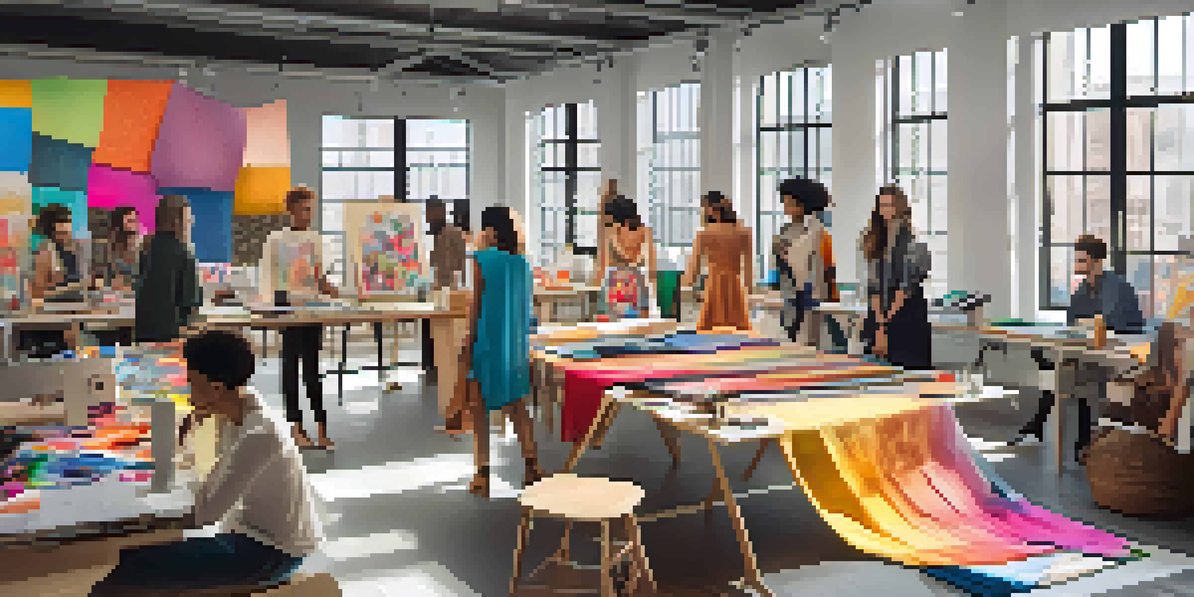 A lively workshop with diverse fashion designers collaborating, surrounded by colorful fabrics and sketchpads, in a well-lit room.