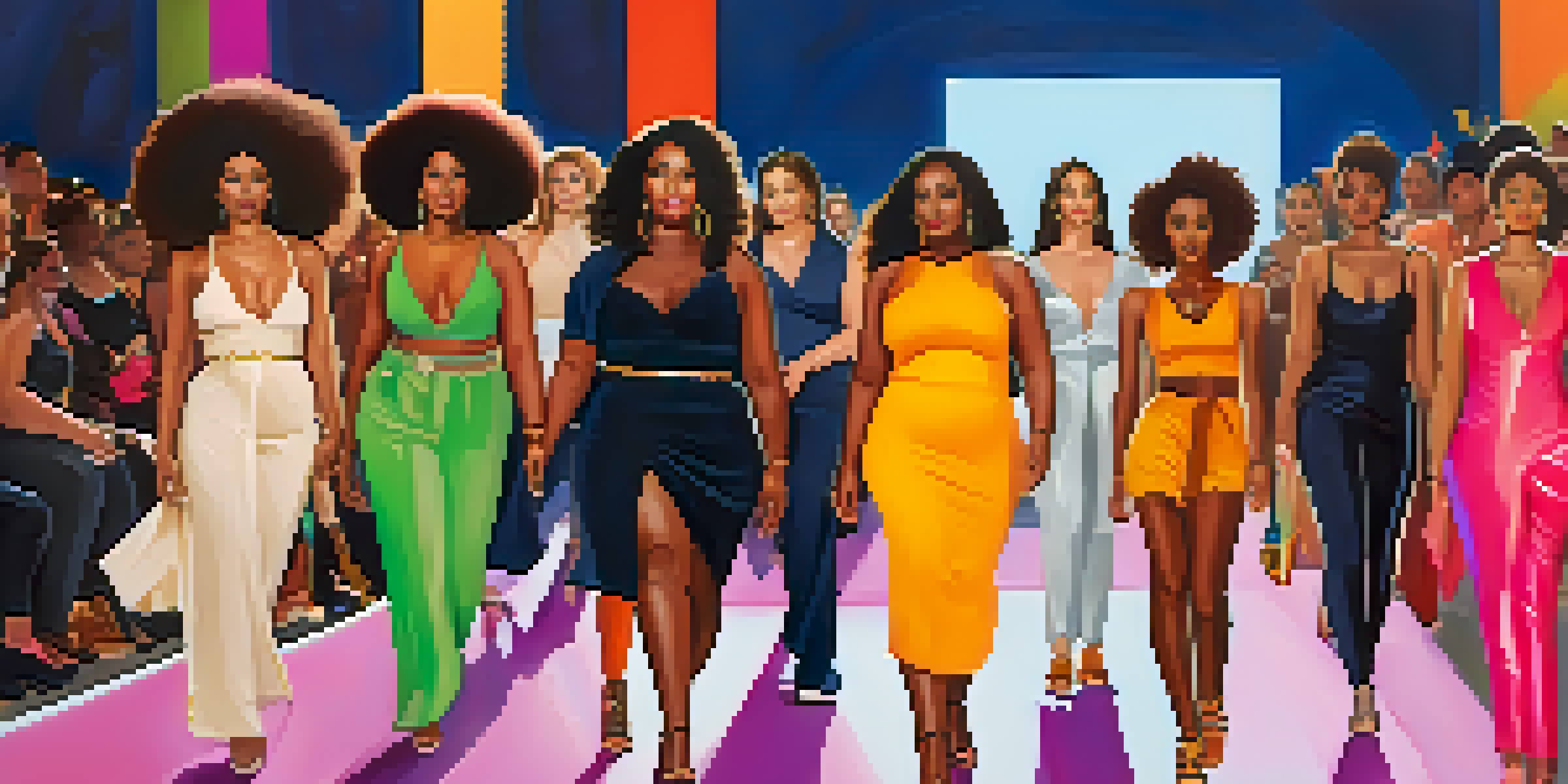 A diverse group of models walking on a fashion runway, representing various sizes and ethnicities, with a colorful backdrop and an applauding audience.