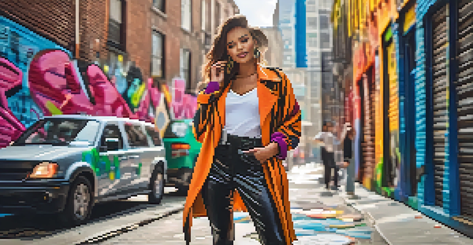 A fashion influencer in a colorful urban environment, interacting with their smartphone while wearing a trendy outfit, with street art in the background.