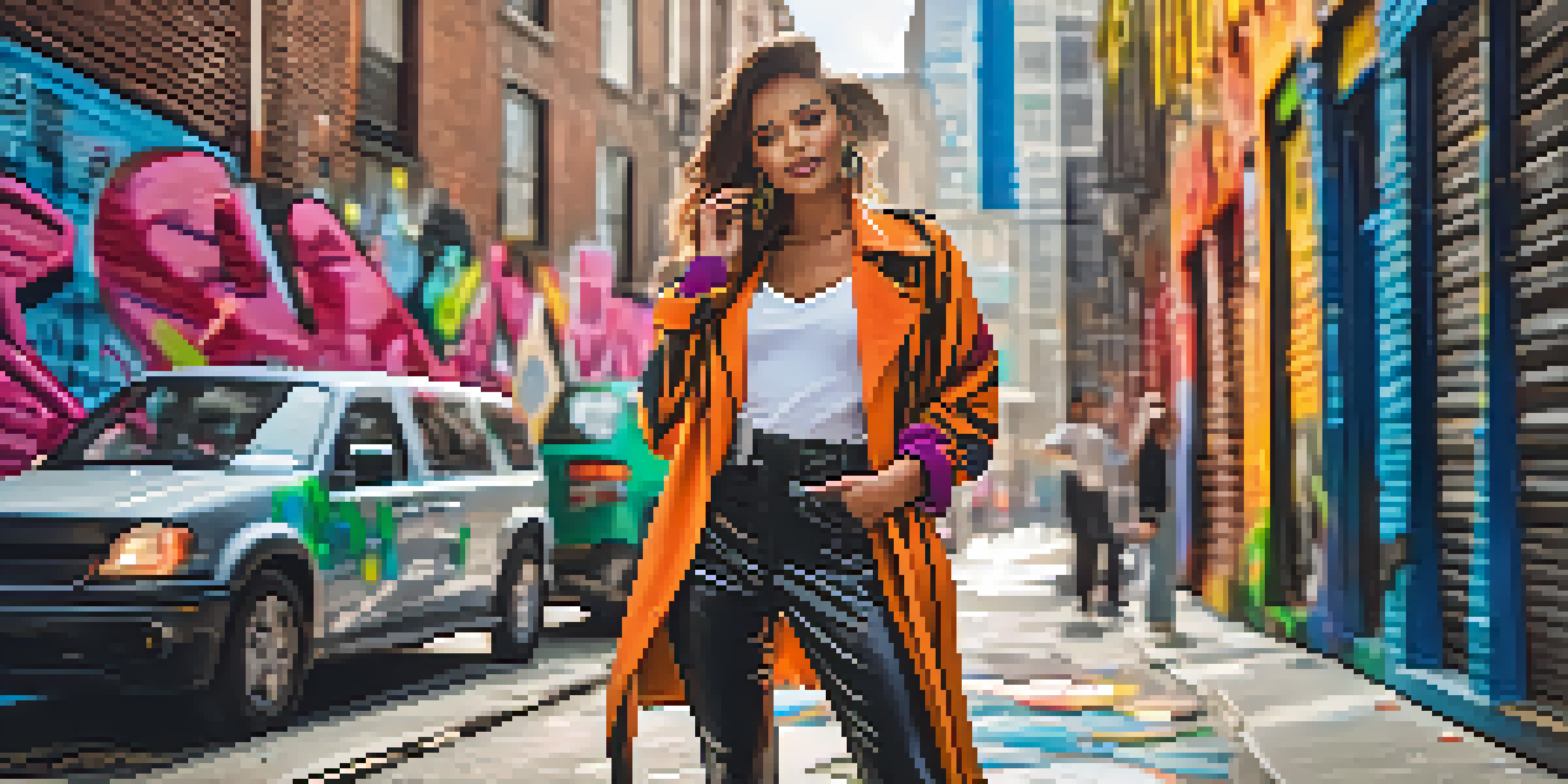 A fashion influencer in a colorful urban environment, interacting with their smartphone while wearing a trendy outfit, with street art in the background.