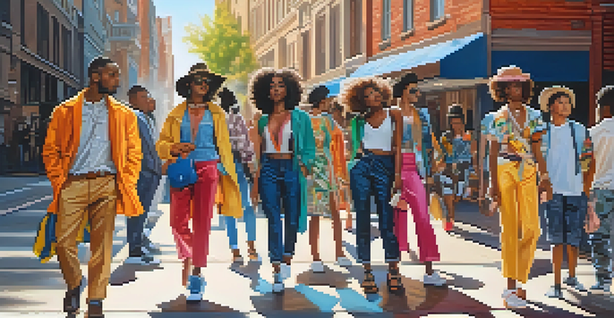 A group of diverse individuals dressed in vibrant street fashion against an urban backdrop, illuminated by soft sunlight.