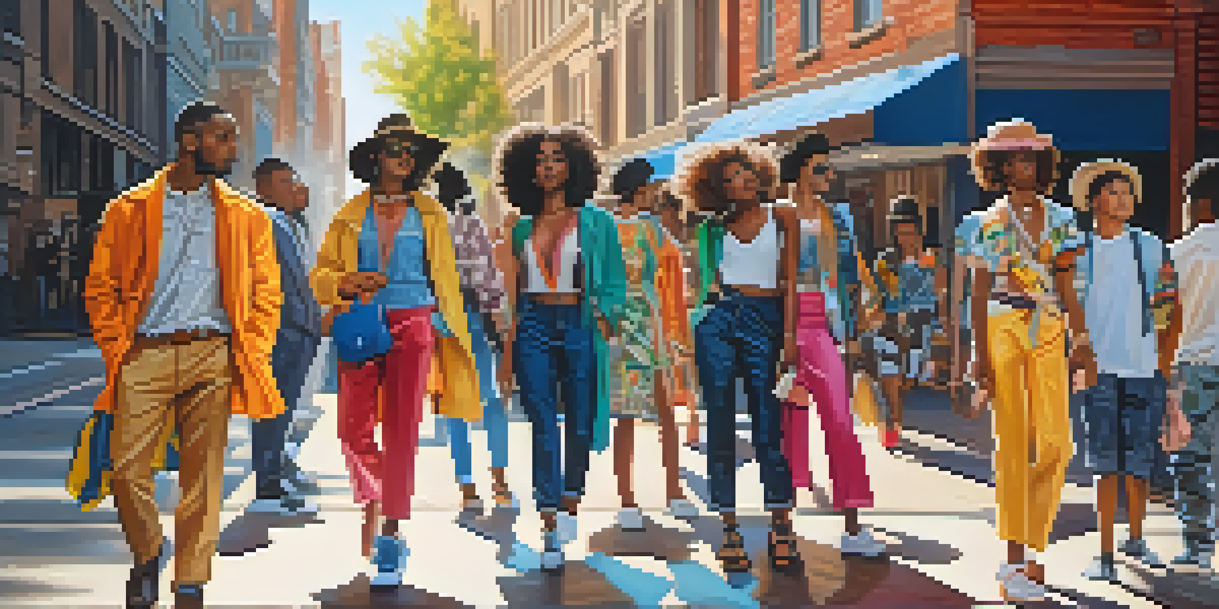 A group of diverse individuals dressed in vibrant street fashion against an urban backdrop, illuminated by soft sunlight.