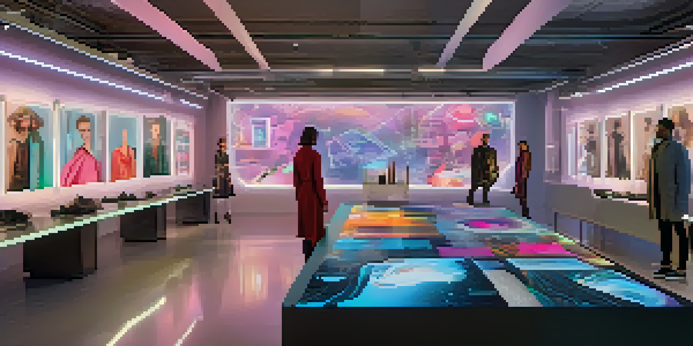 A designer in a modern studio working with an AI interface, surrounded by colorful fabrics and digital screens.