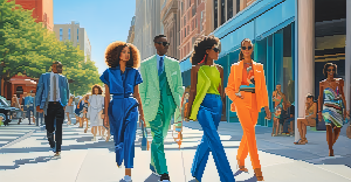 A lively urban scene with fashionable people dressed in modern styles, surrounded by contemporary buildings, illuminated by sunlight.