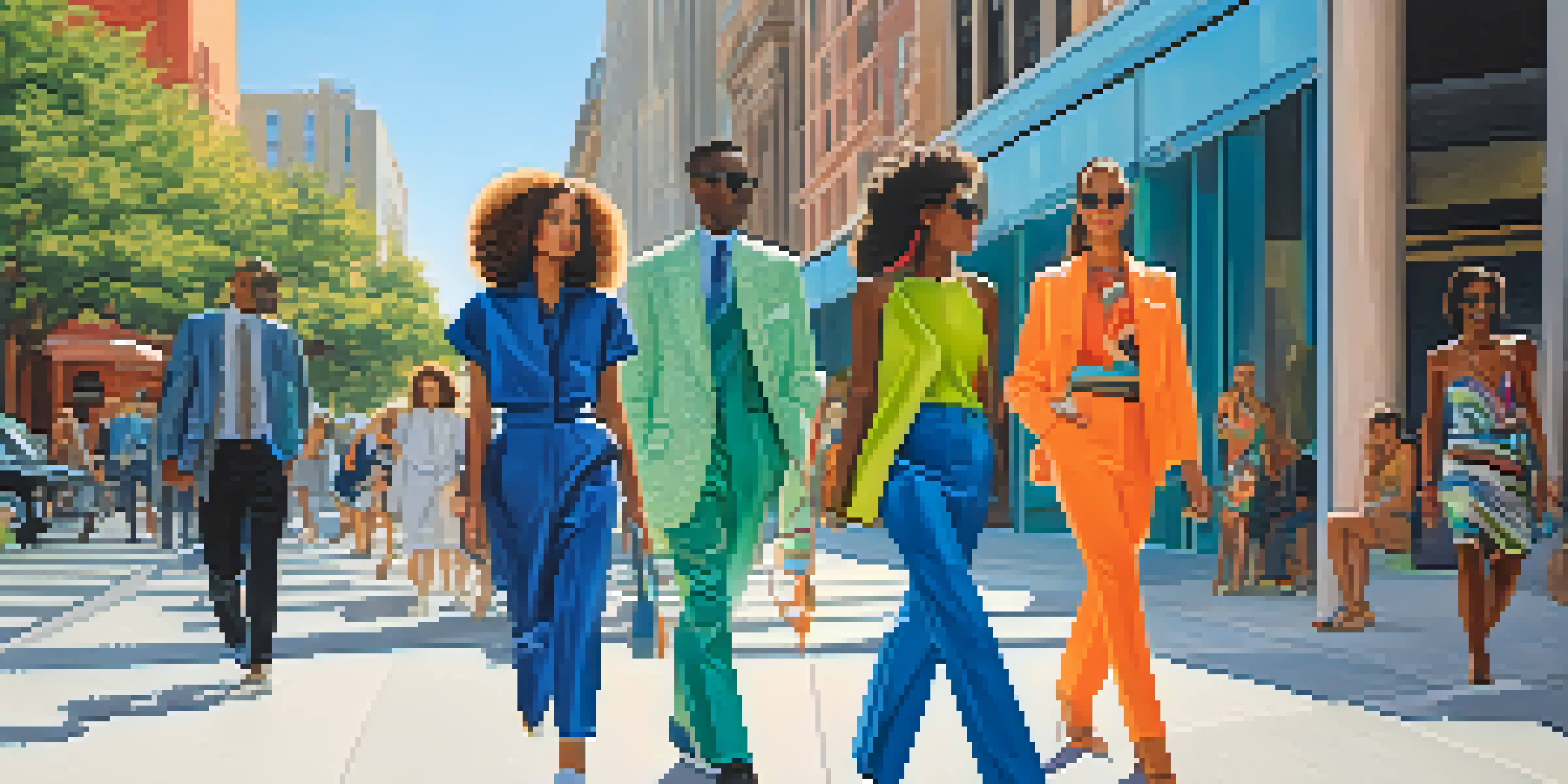 A lively urban scene with fashionable people dressed in modern styles, surrounded by contemporary buildings, illuminated by sunlight.