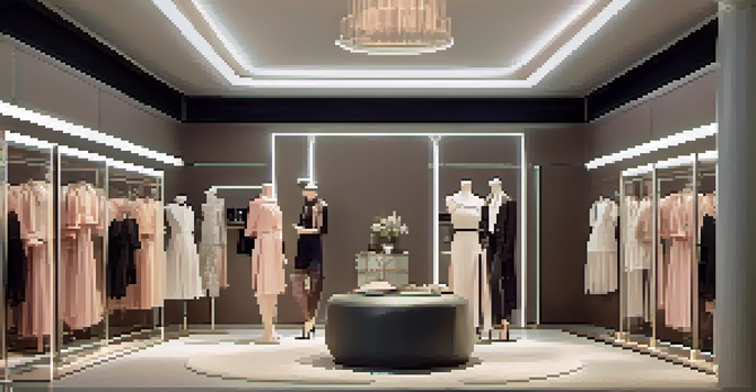 A modern smart fitting room with a mannequin, interactive screens, and stylish decor, showcasing a fashion-forward atmosphere.