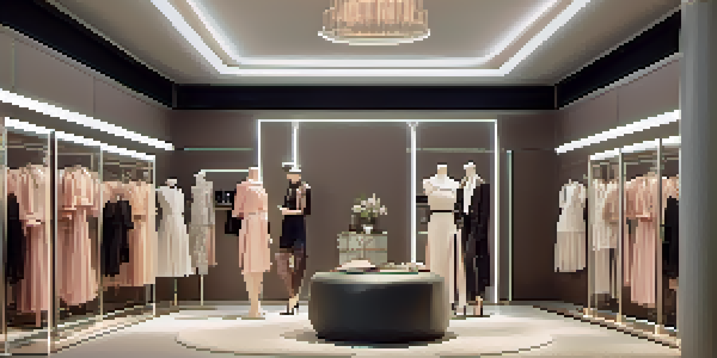 A modern smart fitting room with a mannequin, interactive screens, and stylish decor, showcasing a fashion-forward atmosphere.