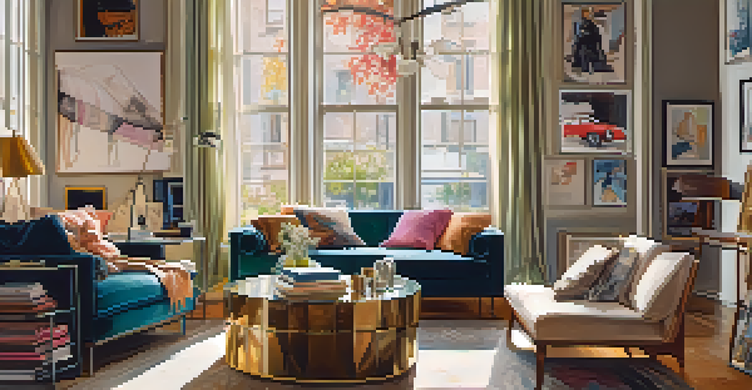 A stylish individual relaxing in a cozy living room filled with modern and vintage fashion pieces and fashion magazines.