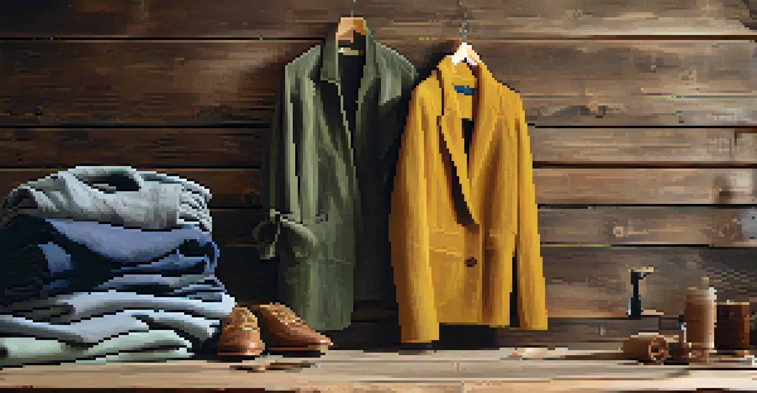 A close-up view of sustainable fashion items on a rustic wooden table, showcasing eco-friendly clothing and production tags.