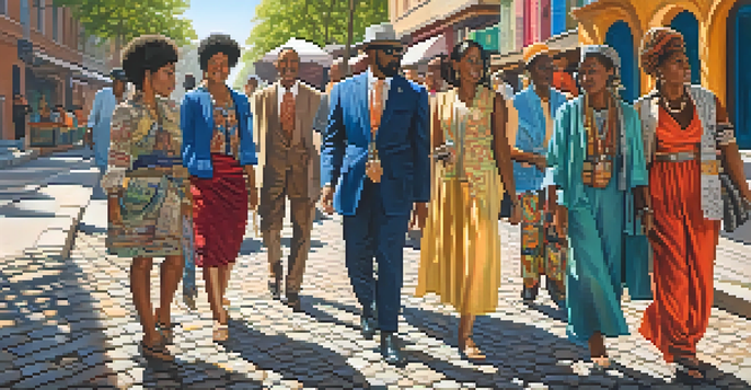 A lively urban scene with people in colorful and unique clothing representing different cultures, illuminated by sunlight.