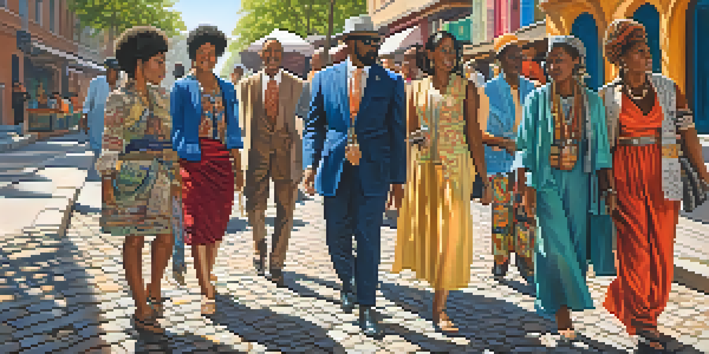 A lively urban scene with people in colorful and unique clothing representing different cultures, illuminated by sunlight.