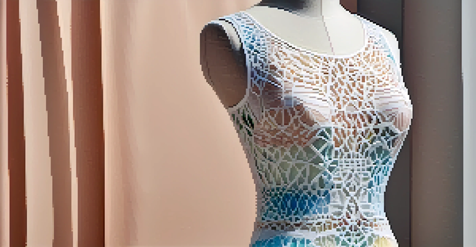 A detailed view of a 3D printed garment with intricate patterns in soft pastel colors, displayed on a white mannequin.