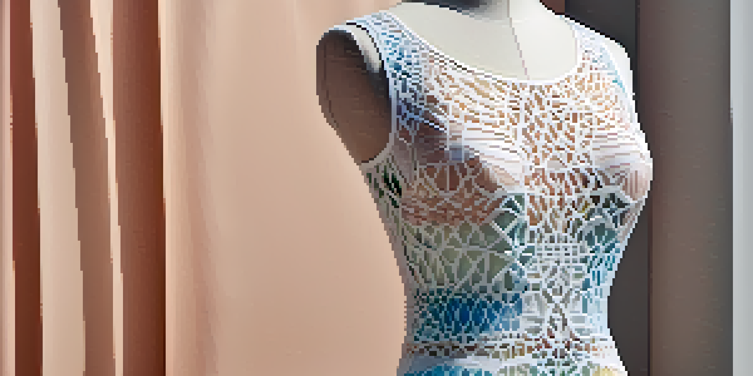 A detailed view of a 3D printed garment with intricate patterns in soft pastel colors, displayed on a white mannequin.