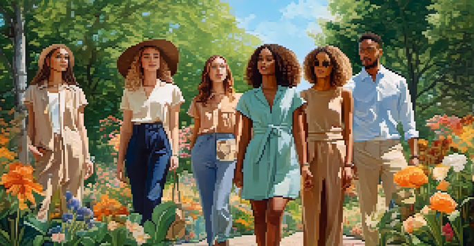 A group of diverse individuals wearing sustainable fashion in a sunny park filled with greenery and flowers.