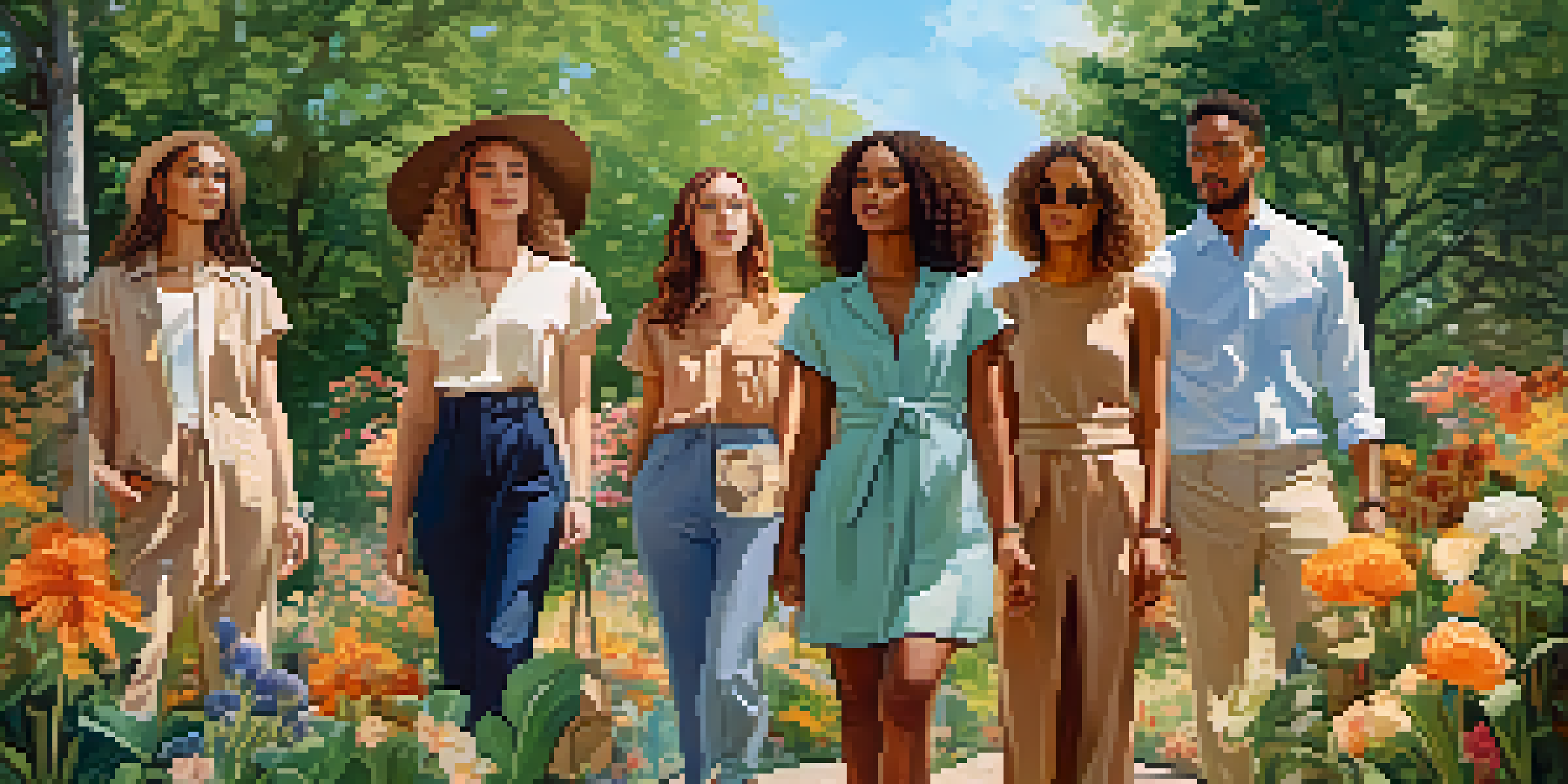 A group of diverse individuals wearing sustainable fashion in a sunny park filled with greenery and flowers.