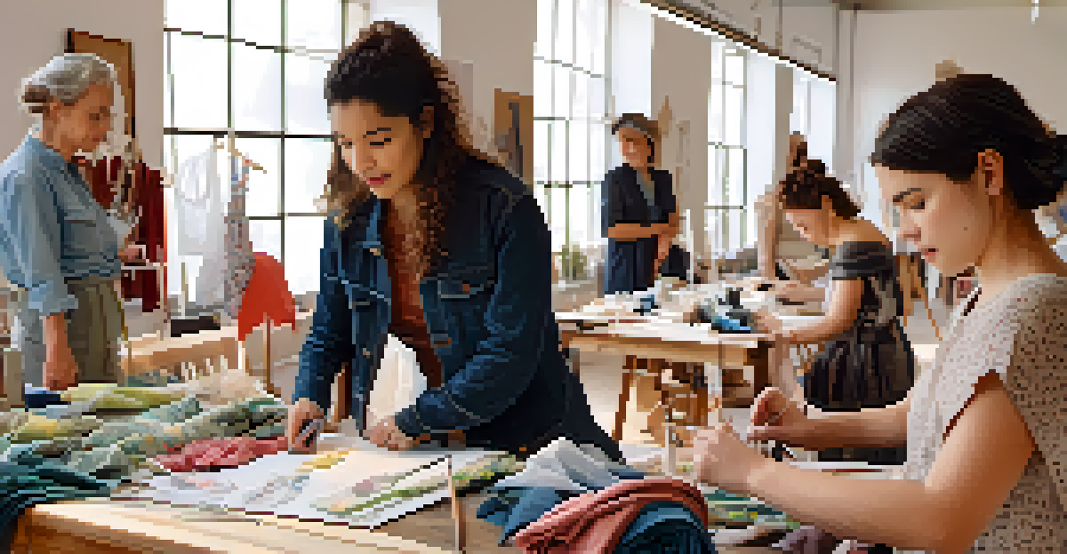 A workshop with a local designer teaching sustainable fashion techniques, featuring natural light, fabrics, and participants learning to upcycle clothing.