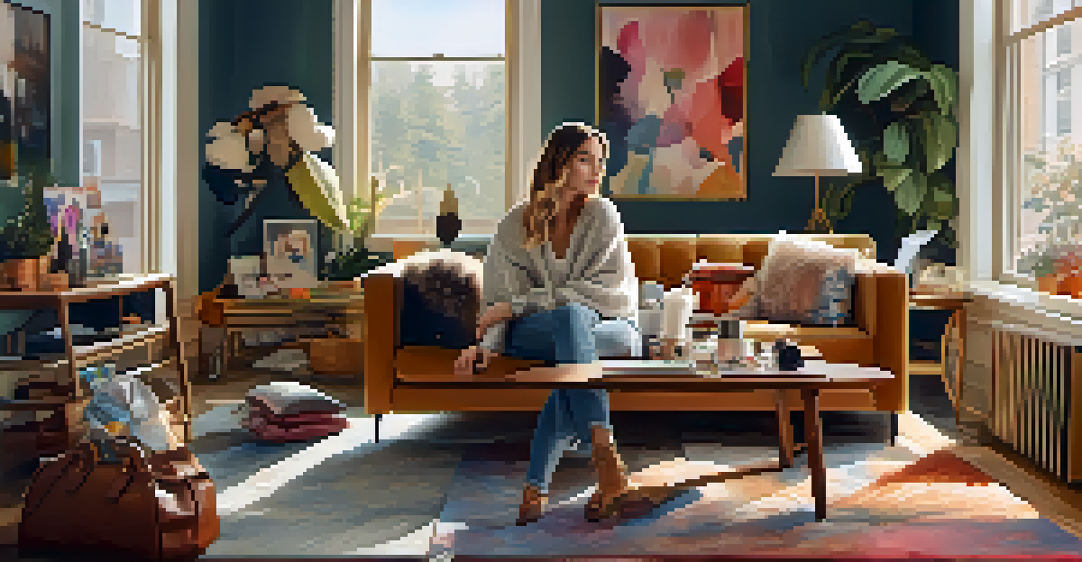 A fashion influencer creating content in a cozy indoor setting, surrounded by stylish outfits and accessories.