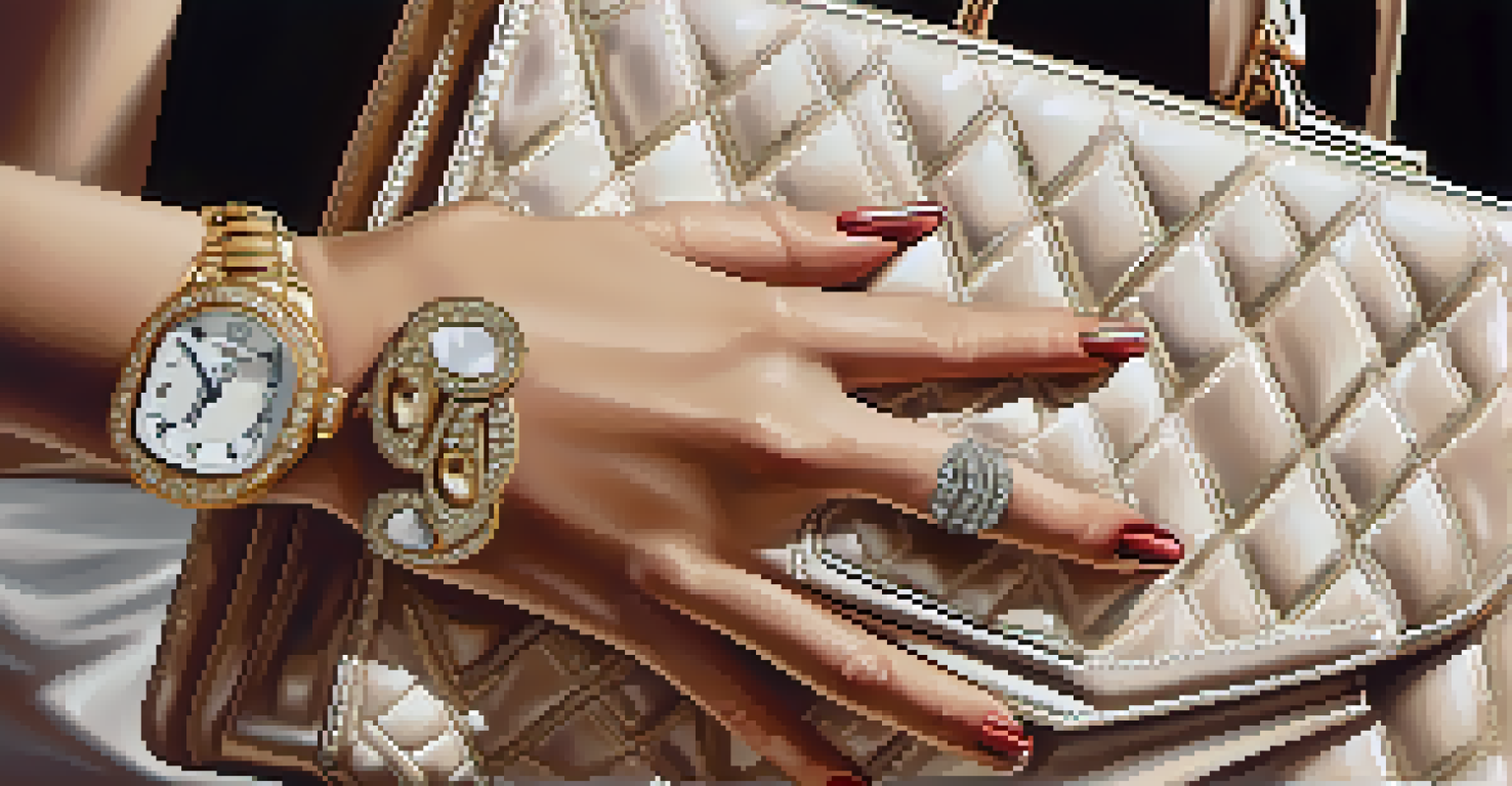 A close-up of a celebrity's hand holding a luxury handbag, showcasing intricate details and an elegant wristwatch.