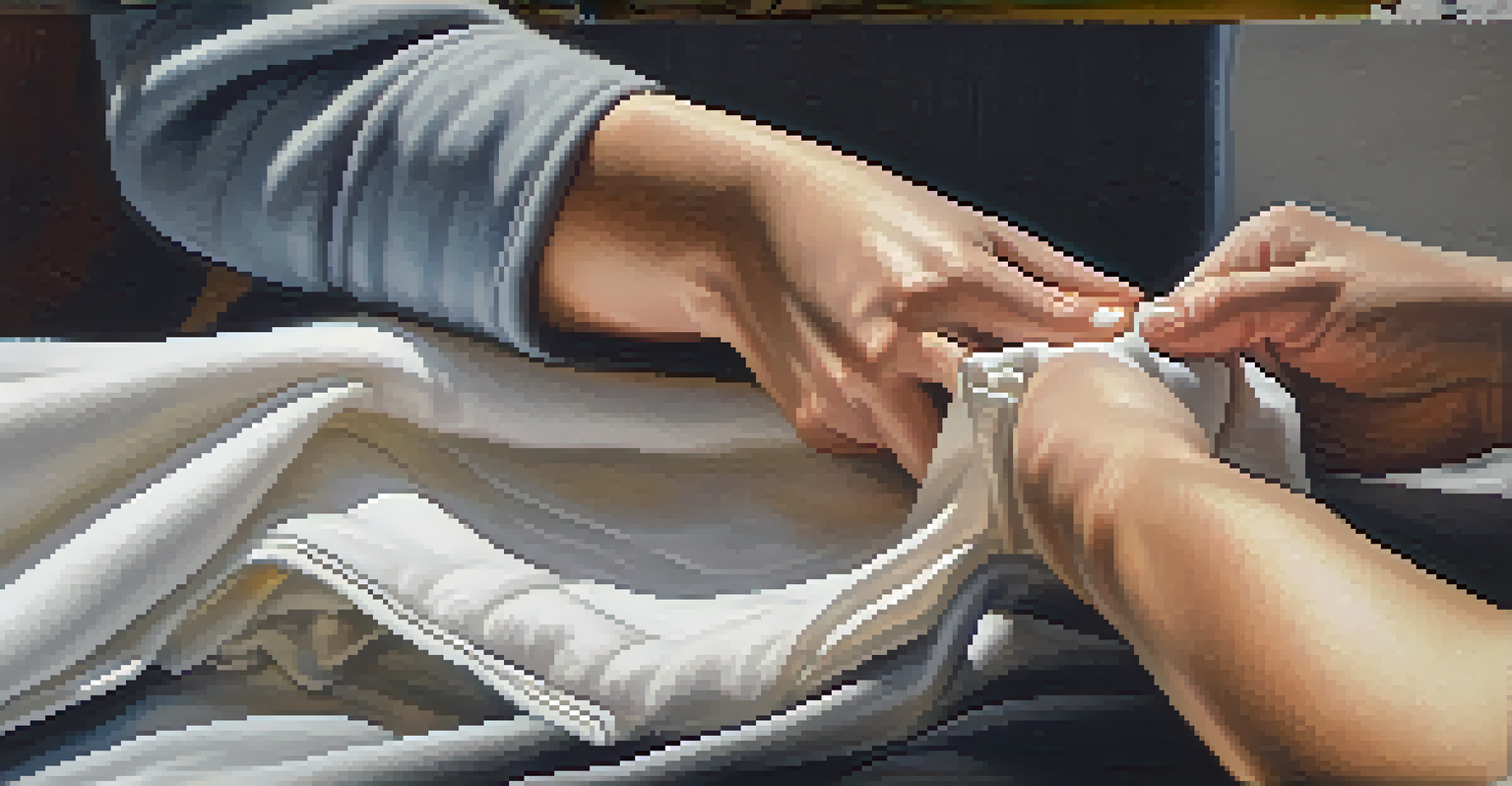 Close-up of hands holding a soft Tencel garment in a bright sewing workshop.
