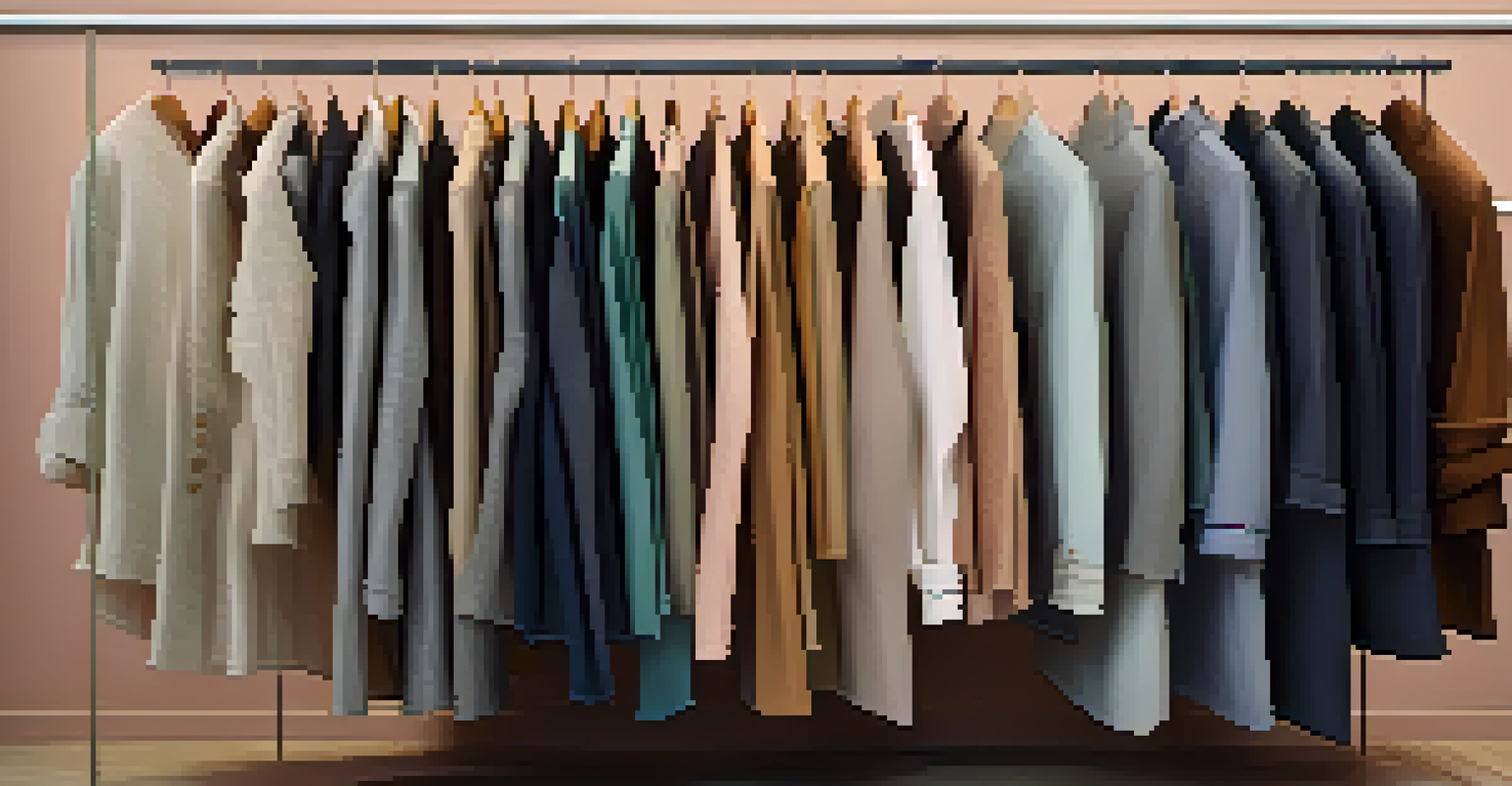 A close-up of a unisex clothing rack displaying a variety of garments in earthy tones and pastels, emphasizing inclusivity.