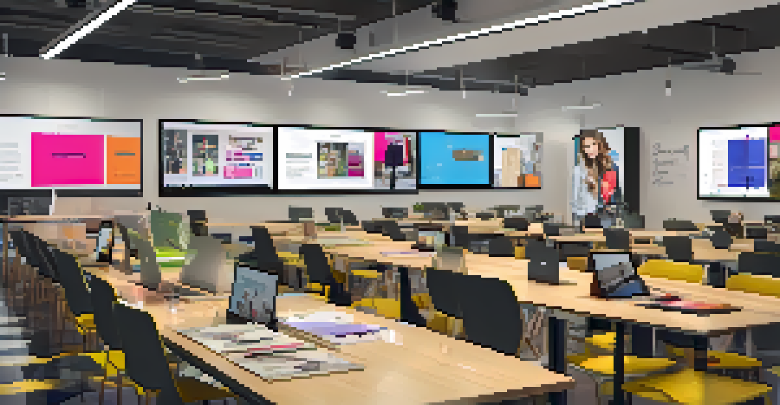 A classroom scene with students discussing fashion marketing ideas, surrounded by mood boards and digital screens displaying trends.