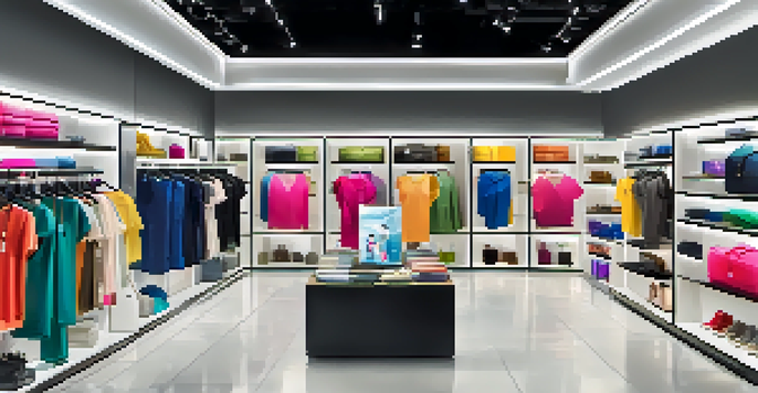 A modern retail store with augmented reality displays and customers interacting with digital screens showcasing clothing.