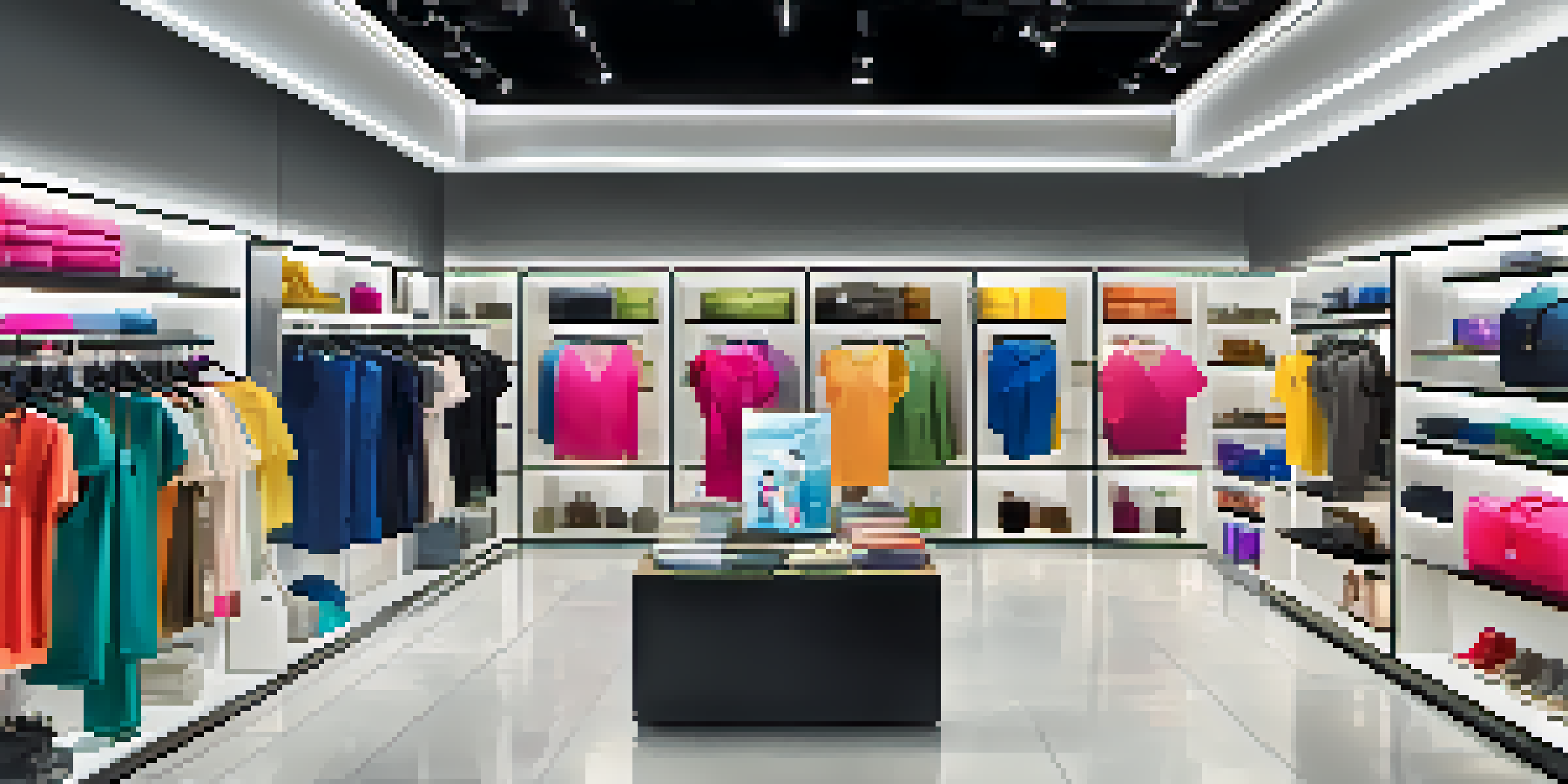 A modern retail store with augmented reality displays and customers interacting with digital screens showcasing clothing.