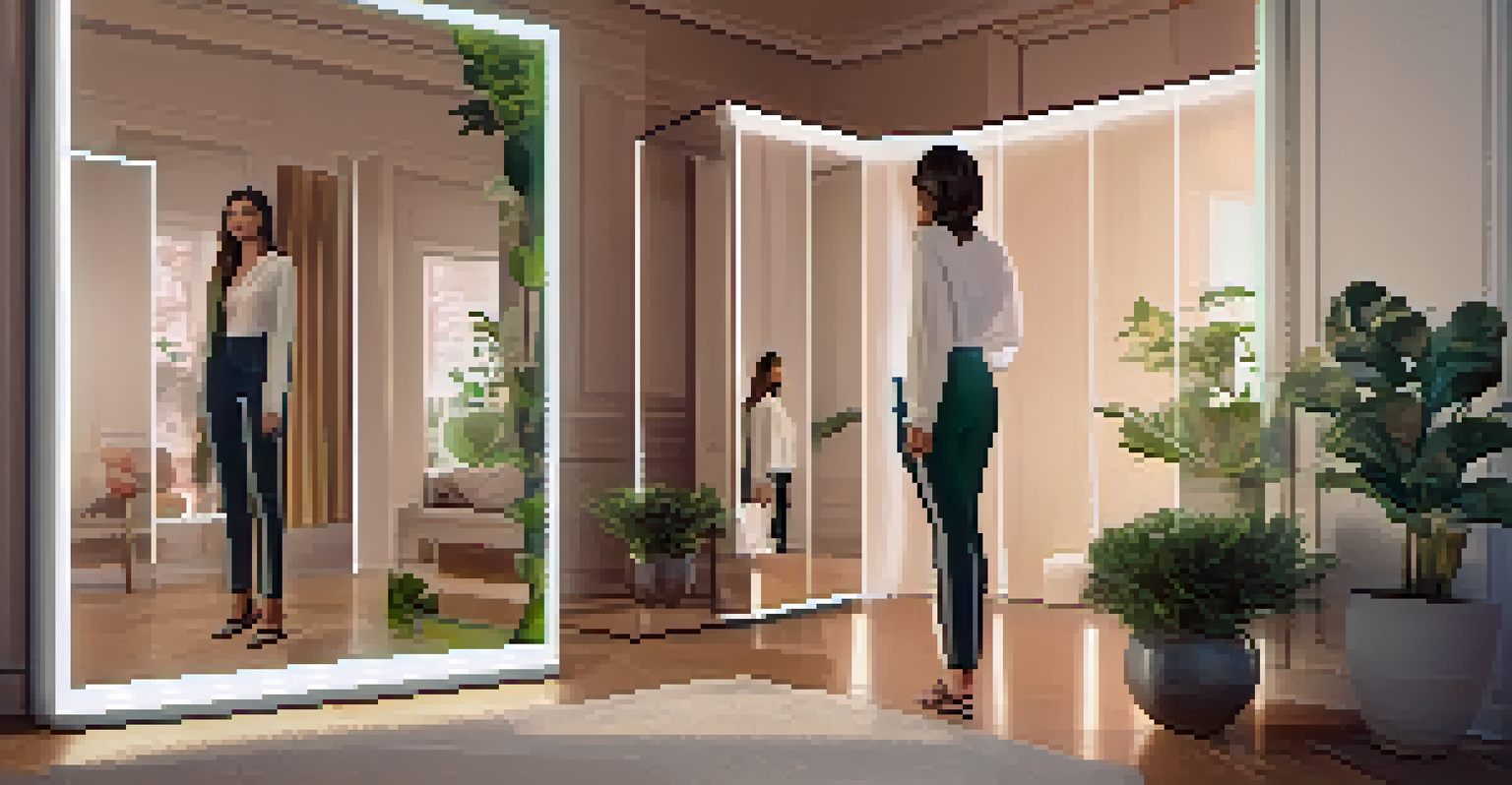 A person in a living room trying on a digital outfit in a smart mirror, surrounded by soft lighting and greenery.