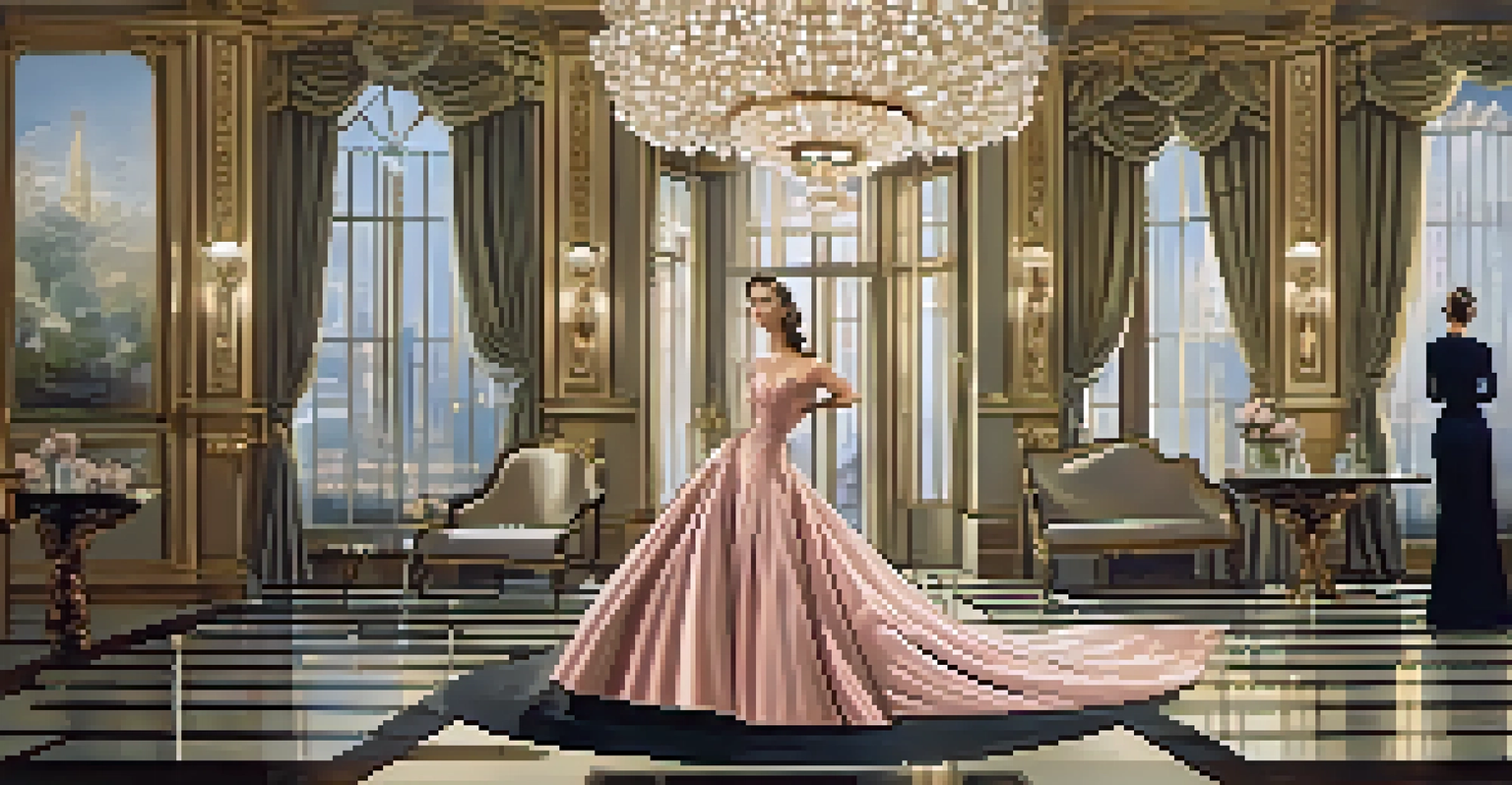A model showcasing a luxurious 1940s gown inspired by Christian Dior, on a beautifully decorated runway under warm lighting.