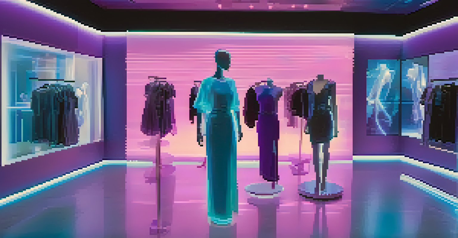 A futuristic virtual fashion showroom with holographic mannequins and customers engaging with digital screens to explore outfits.