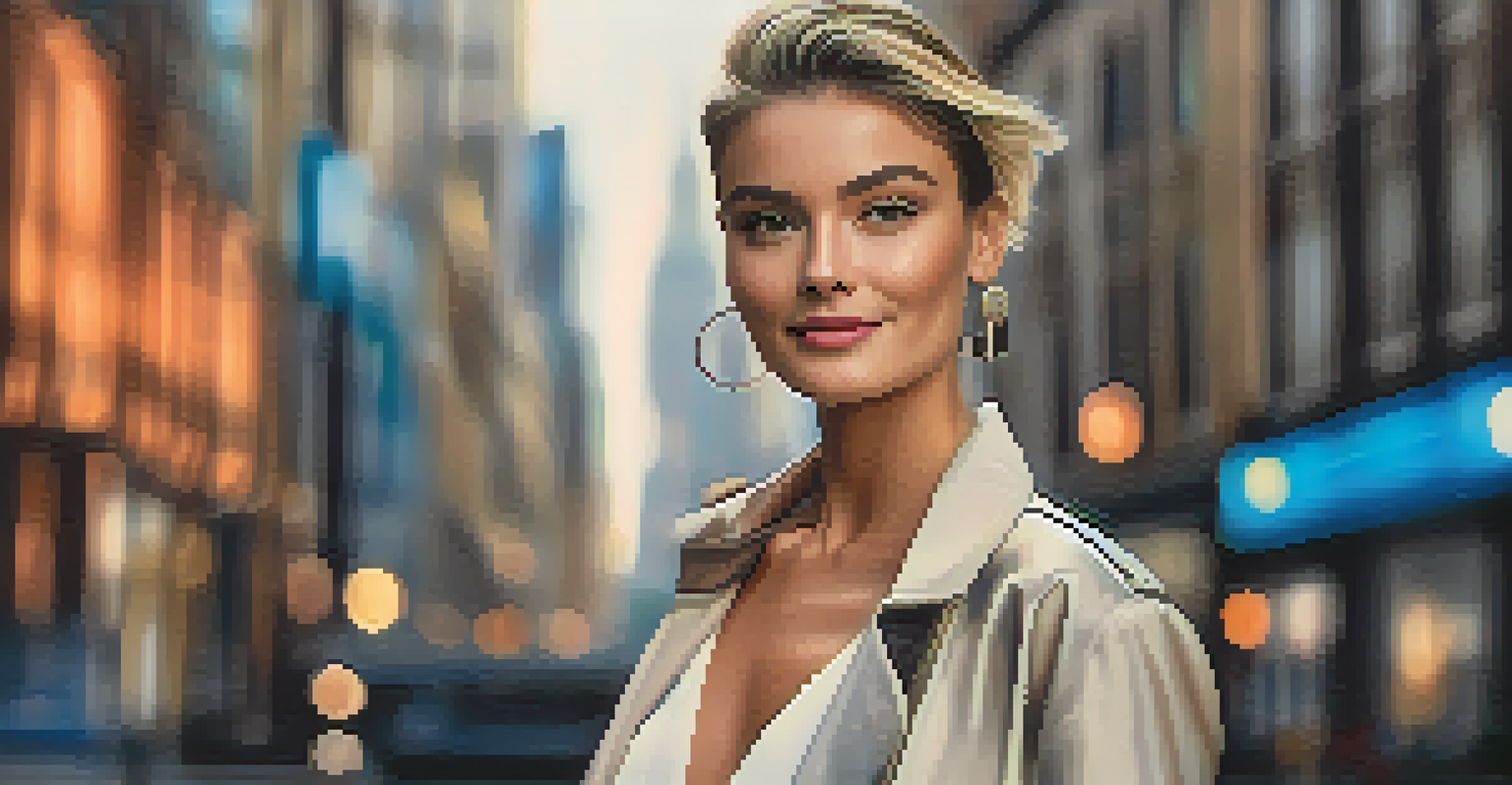 A close-up portrait of a smiling fashion influencer in a stylish outfit against a blurred modern urban backdrop.