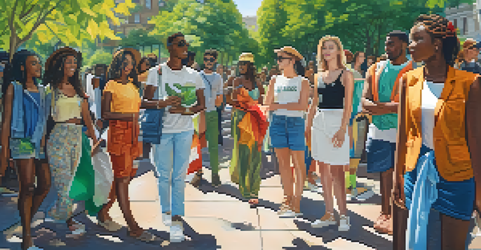 A diverse group of young adults in a park wearing sustainable fashion, holding banners promoting eco-friendly practices under sunlight filtering through leaves.