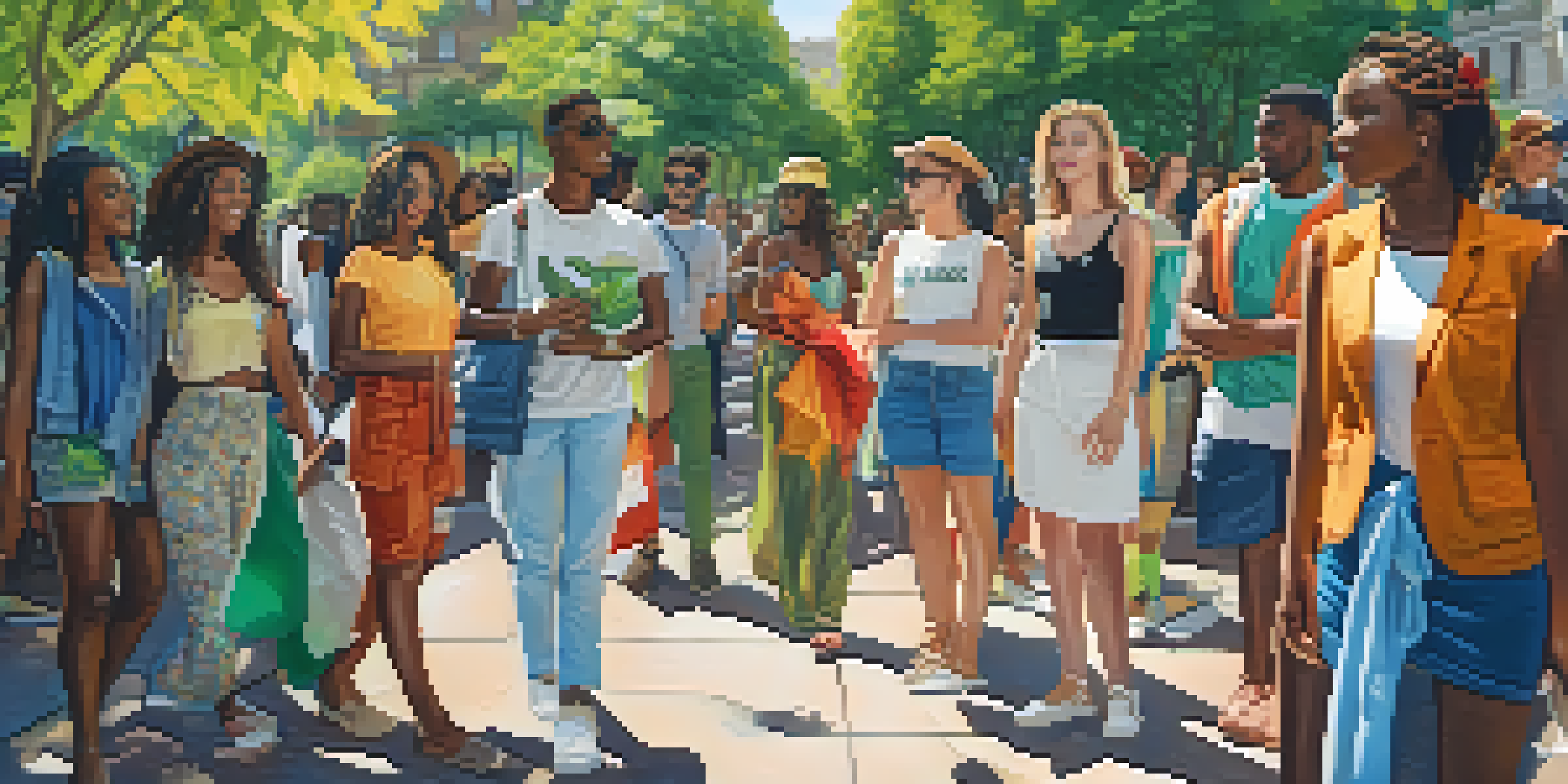 A diverse group of young adults in a park wearing sustainable fashion, holding banners promoting eco-friendly practices under sunlight filtering through leaves.